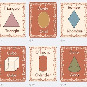 May include: A set of flashcards featuring various geometric shapes, each displayed on a decorative, patterned background. The cards include shapes like squares, circles, triangles, and hexagons, with both Spanish and English labels.
