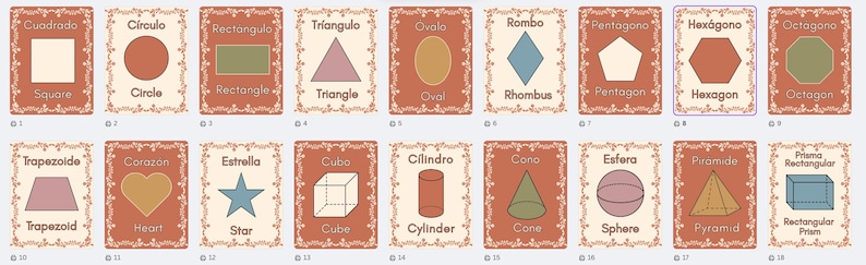 May include: A set of flashcards featuring various geometric shapes, each displayed on a decorative, patterned background. The cards include shapes like squares, circles, triangles, and hexagons, with both Spanish and English labels.