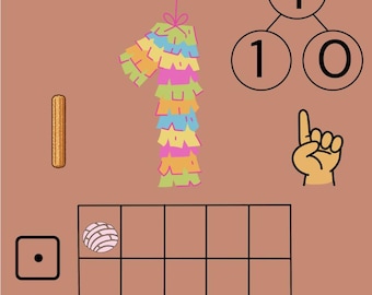 Op de afbeelding: Educatieve illustratie met het woord "Uno" bovenaan. Bevat een kleurrijke piñata in de vorm van het getal één, een getallenband, een handgebaar, een dobbelsteen, een concha en een getallenlijn van 0 tot 10.