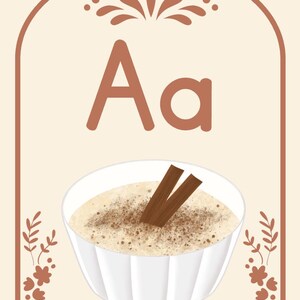 May include: A beige educational card features the letter "Aa" in brown, above a white bowl of rice pudding with cinnamon sticks. The word "Arroz" is written at the bottom, with decorative floral elements.
