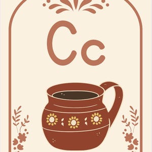 May include: Illustration of a brown coffee mug with yellow flower designs, filled with dark liquid, and the word "Caf&eacute;" at the bottom. The letter "C" is at the top, with decorative floral elements.