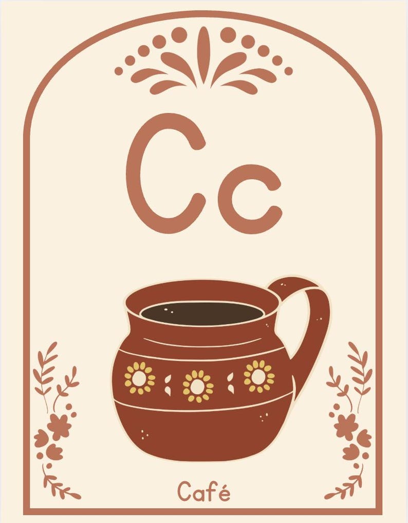 May include: Illustration of a brown coffee mug with yellow flower designs, filled with dark liquid, and the word "Caf&eacute;" at the bottom. The letter "C" is at the top, with decorative floral elements.