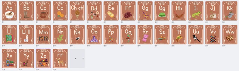May include: A collection of alphabet flashcards, each featuring a letter and a corresponding illustration. The cards have a brown background with a decorative border. The illustrations include a bowl, boots, oranges, a flower, a corn, and a bunch of grapes.