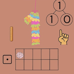 May include: Educational illustration featuring the word "One" above a colorful piñata-shaped number one. Includes a number line, a die showing one dot, a hand with one finger raised, and other visual representations of the number one.