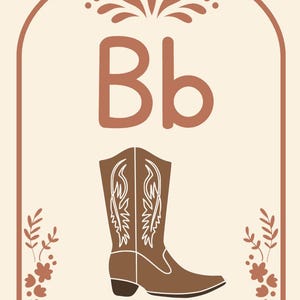 May include: A decorative card featuring the letter "B" and a brown cowboy boot illustration. The word "Bota" is written below the boot. The card has a beige background with brown floral and decorative elements.