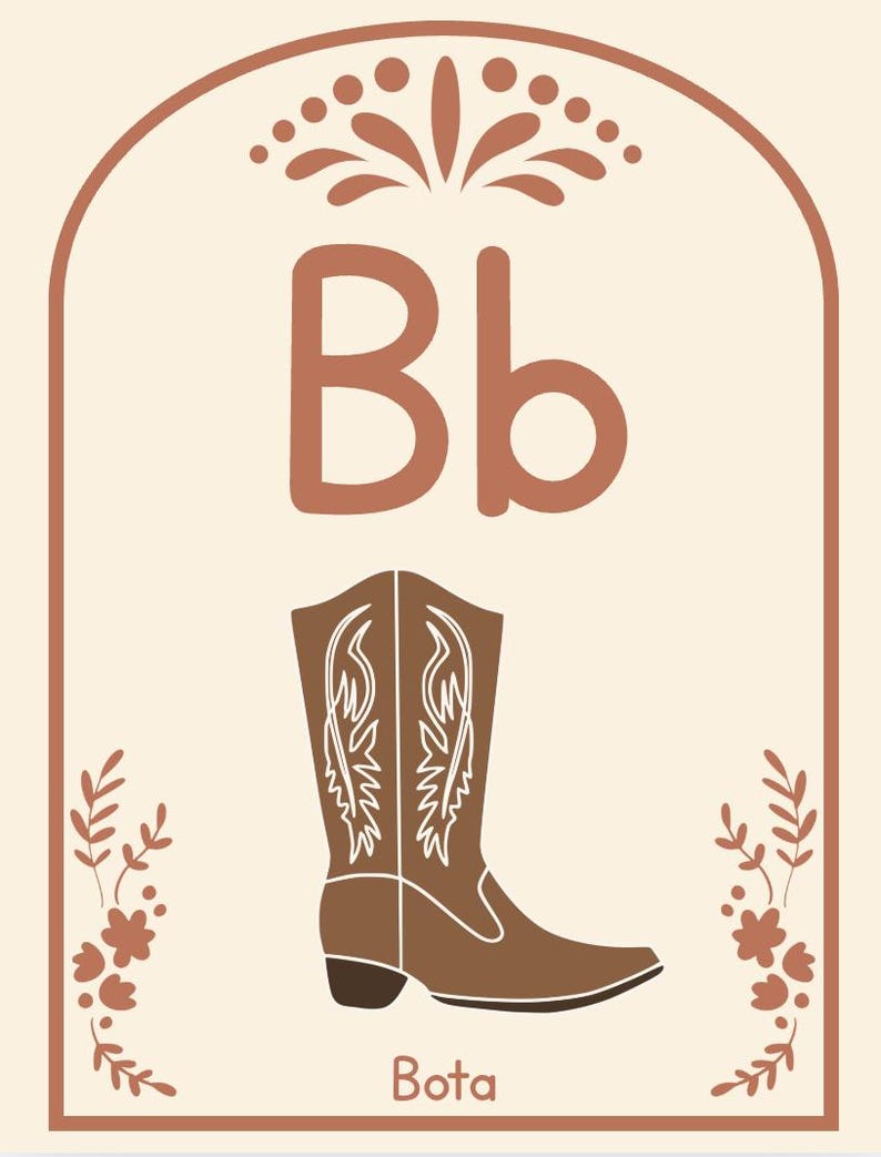 May include: A decorative card featuring the letter "B" and a brown cowboy boot illustration. The word "Bota" is written below the boot. The card has a beige background with brown floral and decorative elements.