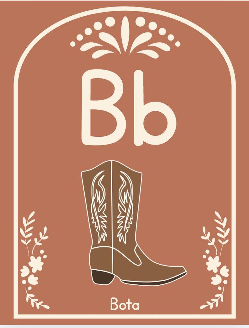May include: A decorative poster featuring the letter "Bb" in a white, stylized font, above a brown cowboy boot illustration. The word "Bota" is written below the boot. The background is a warm, earthy tone with floral accents.