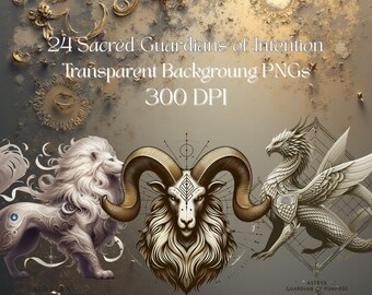 Clipartbundel mythische wezens | 24 heilige bewakers van intentie + informatie pdf | Spirituele fantasie, Oracle Art, Witchy afdrukbaar