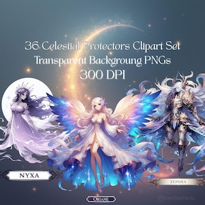 Peut inclure: Ensemble de cliparts numériques représentant trois figures célestes avec des robes fluides et des ailes. L'image comprend le texte "36 Celestial Protectors Clipart Set Transparent Background PNGs 300 DPI". Les figures sont nommées Nyxa, Oriane et Zephra.