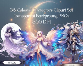 36 hemelse beschermers clipartset – Angels Spirits Guardians, png | Fantasy Celestial-personages met namen