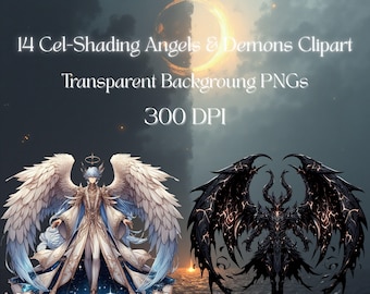 Cel-shading clipartset engelen en demonen – 14 tekens | Donkere schattige fantasie | Transparant png-bestand | Hoogwaardige hemelse en helse kunst