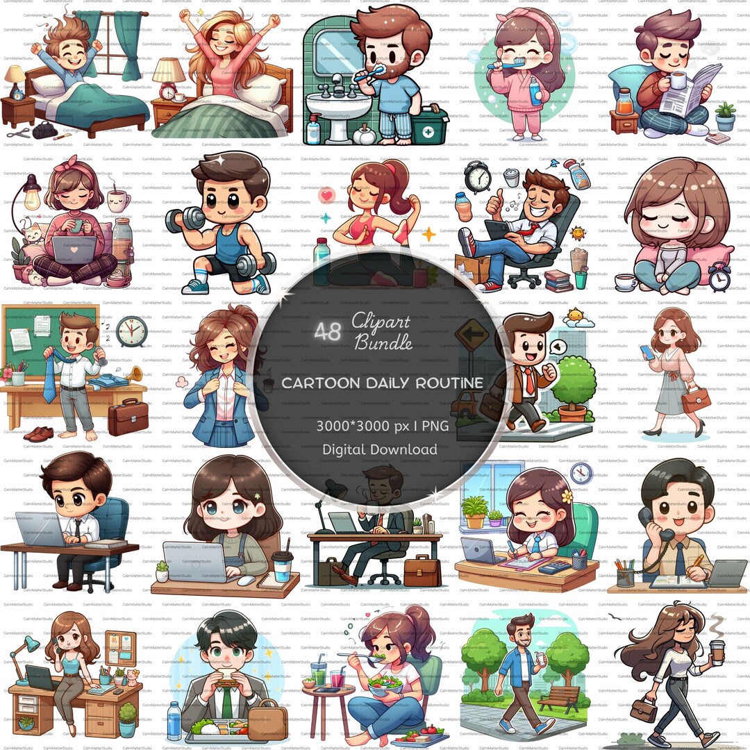 Daily Routine Management Cartoon Cartoon Daily Routine Clipart: Planner Stickers PNG Pack (digital ...