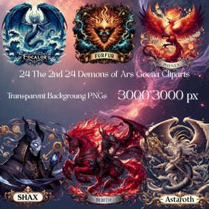 May include: A collection of digital clip art featuring 24 demons from Ars Goetia. Each image showcases a unique demon design with intricate details and vibrant colors. The text includes demon names like Focalor, Furfur, and Phenex, along with the dimensions.