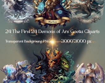 The First 24/72 Lesser Key Of Solomon – Cel Shading Fantasy Demon-clipartset | PNG-collectie occulte digitale kunst | Digitale download