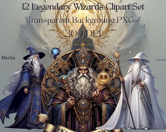 12 legendarische tovenaars clipartset – mythische archmages png, fantasie magiër illustraties, transparante achtergrond