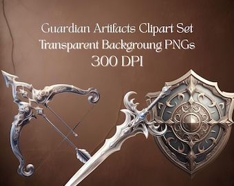 Guardian Artifacts clipartset – 36 heilige fantasierelikwieën, luxe cel-shading png, mystieke objecten met Lore-pdf