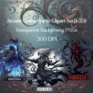 May include: Digital clipart set featuring fantasy spirit illustrations. The image includes three spirit figures in shades of blue, black, and red, with intricate details and swirling designs. Text includes "Arcane Codex Spirits Clipart Set (1-33)" and "Transparent Background PNGs."
