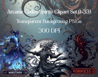 Arcane Codex Spirits clipartset (1–33) – cel-shading fantasie, transparante achtergrond, high-detail mystieke entiteiten