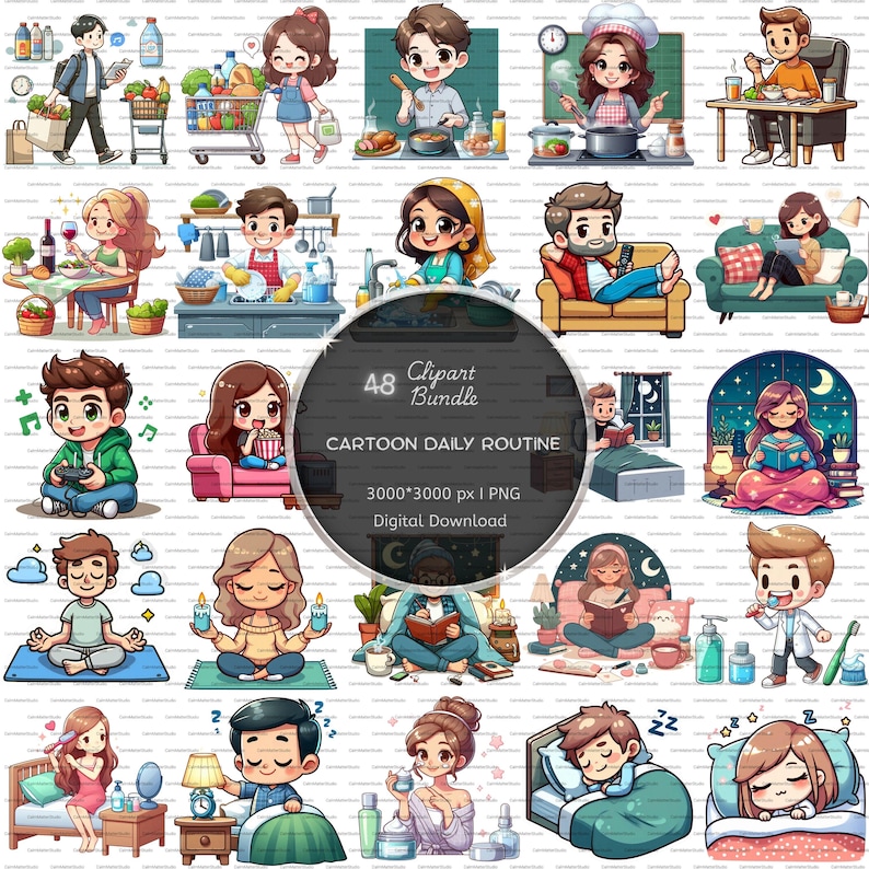 Daily Routine Management Cartoon Cartoon Daily Routine Clipart: Planner Stickers PNG Pack (digital ...