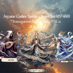 Puede incluir: Conjunto de arte digital titulado "Arcane Codex Spirits Clipart Set (67-99)" con PNGs de fondo transparente a 300 DPI. La imagen presenta tres figuras de fantasía: una figura con túnica tocando un laúd, una figura central con detalles ornamentados y una figura con túnicas fluidas.