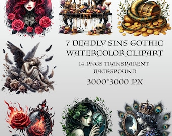 7 Deadly Sins gotische aquarel clipart: donkere fantasie, png (digitale download)