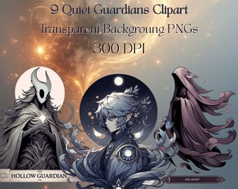 Clipart stille bewakers | Zachte donkere fantasie PNG | Gothic Lite-beschermende geesten | Rustige mystieke illustratie