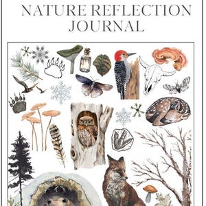 May include: A journal cover with the text "MY winter NATURE REFLECTION JOURNAL" and watercolor illustrations of winter nature elements. Includes a fox, bear, owl, deer, and other woodland creatures.