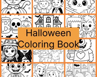 Könnte beinhalten: Ein schwarz-weiß Halloween-Malbuch mit verschiedenen Illustrationen von Katzen, Hexen, Vampiren, Monstern und Kürbissen. Der Titel "Halloween Coloring Book" ist in orange dargestellt.