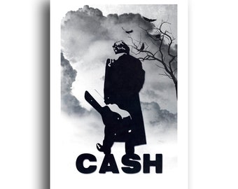 May include: Black and white silhouette of a man holding a guitar with the word "CASH" in bold letters below him. The background is a cloudy sky with a bare tree and birds.