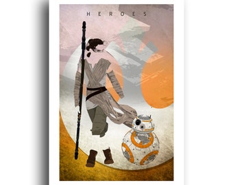 Rey and BB-8 Star Wars The Force Awakens Daisy Ridley Minimalist Poster Art 13x19