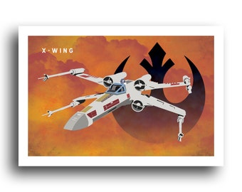 May include: A white X-Wing starfighter with red and grey accents flies against a backdrop of orange and yellow clouds. The Rebel Alliance symbol is visible in the background.