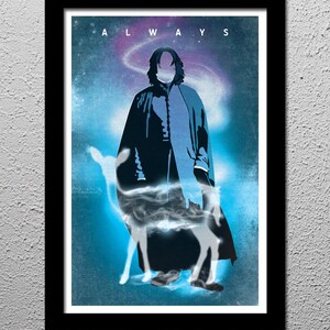 Op de afbeelding: Een blauwe en paarse abstracte achtergrond met een silhouet van een man in een donkere mantel en een wit hert. De tekst "ALWAYS" staat bovenaan de afbeelding.