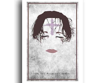 May include: A minimalist digital art print featuring a stylized portrait of a person with a cross on their forehead. The background is a textured gray and the text "ON THE MIDNIGHT RADIO" is at the bottom of the print.
