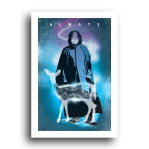 Op de afbeelding: Een blauwe en paarse abstracte achtergrond met een silhouet van een man in een donkere mantel en een wit hert. De tekst "ALWAYS" staat bovenaan de afbeelding.