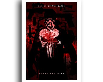 May include: A red and black illustration of The Punisher, a comic book character, with the text "One Batch Two Batch Penny and Dime" above him.