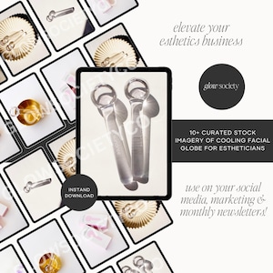 Może przedstawiać: Obraz promocyjny z dwoma przezroczystymi kulami chłodzącymi do twarzy na tablecie. Obraz zawiera tekst "glow society", "10+ curated stock imagery of cooling facial globe for estheticians" i "elevate your esthetics business".