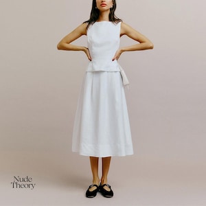 Linen Two Piece Set Women – White Sleeveless Top and Midi Skirt, Summer Outfit 2025, Minimalist Linen Clothing, Casual Elegant Matching Set