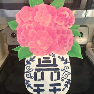 Hydrangea chinoiserie vase wooden painted door hanger
