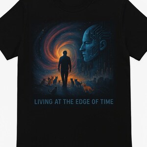Może przedstawiać: Czarny t-shirt z surrealistyczną grafiką. Projekt zawiera sylwetkę, koty i wirującą galaktykę. Obecna jest również robotyczna twarz i tekst "LIVING AT THE EDGE OF TIME". Grafika jest w odcieniach niebieskiego, pomarańczowego i czarnego.