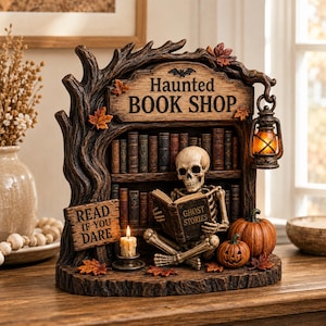 Haunted BookShop Wooden Block, Skeleton Reading, Gothic Halloween Bookshelf Sign