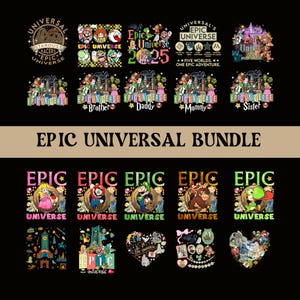 May include: A collection of colorful graphic designs featuring the text "Epic Universe" and various characters. The designs include images of a castle, a heart-shaped design, and other themed illustrations. The words "Epic Universal Bundle" are also present.