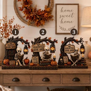 Haunted BookShop Wooden Block, Skeleton Reading, Gothic Halloween Bookshelf Sign