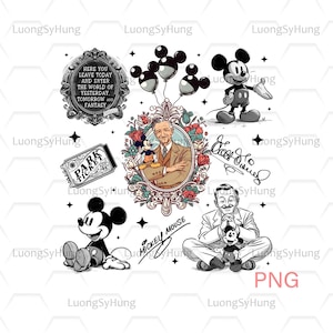 May include: A collection of black and white Disney-themed illustrations. Includes Mickey Mouse, a park ticket, a portrait, balloons, and text that reads "Here you leave today and enter the world of yesterday, tomorrow and fantasy."