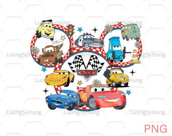 Retro Coquette Bows Disney Cars Png, Lightning McQueen Mater Doc Hudson Sally Carrera Birthday Cars Family Png, Disney Girl Trip Png