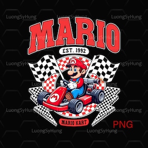 May include: A graphic featuring Mario in a red kart, checkered flags, and the text "MARIO EST. 1992" in red. The words "MARIO KART" and "PNG" are also present. The background is black.