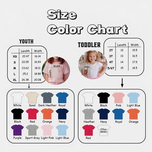 May include: A size and color chart for youth and toddler t-shirts. The chart includes measurements in inches for various sizes, along with a color palette featuring white, black, red, and other colors.