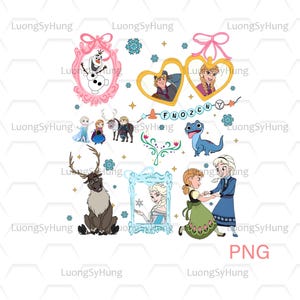 Könnte beinhalten: Eine Sammlung von Cartoon-Illustrationen mit Charakteren aus dem Film "Die Eiskönigin". Enthält Bilder von Olaf, Anna, Elsa, Kristoff, Sven und Bruni. Dekorative Rahmen, Schneeflocken und das Wort "PNG" sind ebenfalls vorhanden.