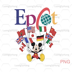 May include: A colorful graphic featuring the word "Epcot" with a globe icon. Mickey Mouse holds flags from various countries, including the USA, Japan, Italy, and the UK. The image has a white background and the letters "PNG" in the bottom right corner.