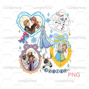 Könnte beinhalten: Eine Sammlung von Cartoon-Illustrationen mit Charakteren aus dem Film "Die Eiskönigin." Die Bilder zeigen Anna, Elsa, Olaf, Kristoff und Sven, eingebettet in dekorative Rahmen und Herzformen. Das Wort "FROZEN" wird ebenfalls angezeigt.