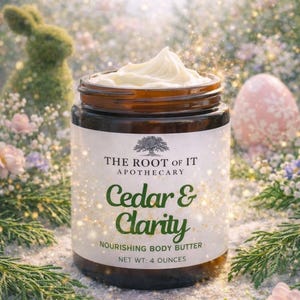 May include: A jar of "Cedar & Clarity" nourishing body butter from The Root of It Apothecary. The label features a tree logo and the text "NET WT: 4 OUNCES". The jar is filled with a creamy white substance, surrounded by flowers and a decorative Easter egg.